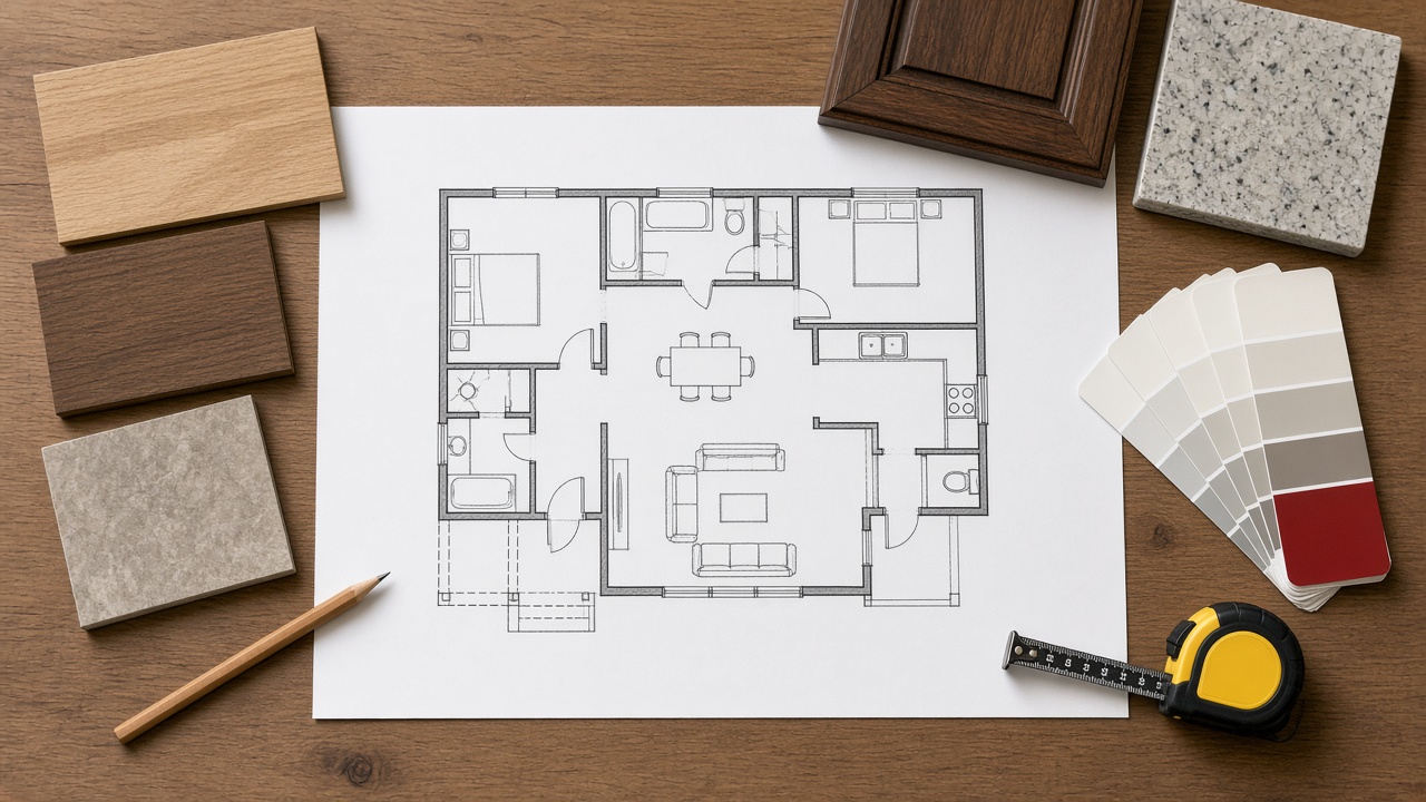 Custom home floor plan with flooring, countertop, cabinet, and paint samples for pre-construction selections